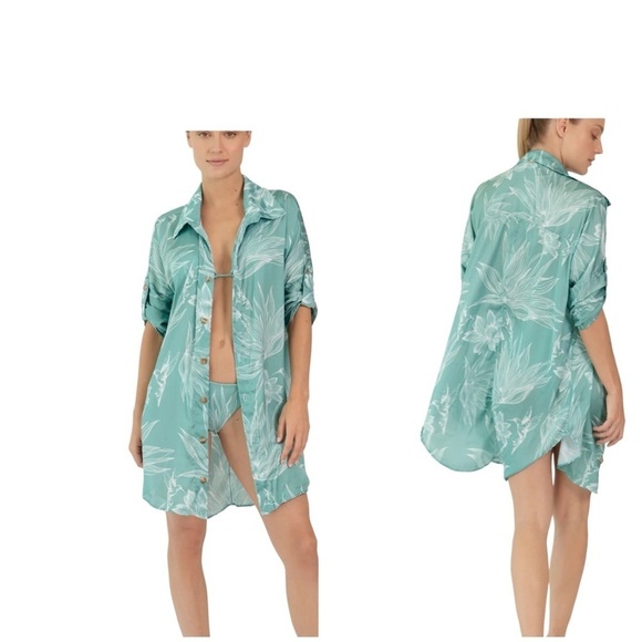 KAANA SWIMWEAR SHIRT DRESS SM OVERSIZED ROLL TAB SLEEVE FLORAL RABBIT TROPICAL - Picture 3 of 12